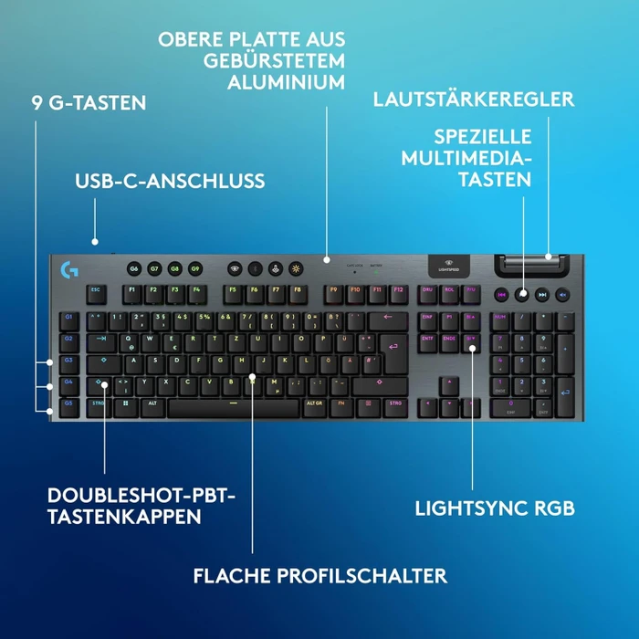 Logitech G915 X Lightspeed, schwarz, LEDs RGB, GL CLICKY, USB/Bluetooth, DE