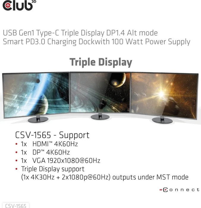 Club 3D Triple Display Smart PD Charging Dock 100W, USB-C 3.0 [Buchse]