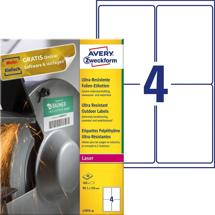 Avery-Zweckform Folienetiketten ultra resistent, 92.1x139mm, wetterfest, weiß, 10 Blatt (40 Etiketten)