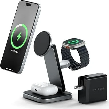Satechi 3-in-1 Foldable Qi2 Wireless Charging Stand grau/schwarz