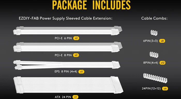 EZDIY-FAB Cable Extension Kit, 1x 24-Pin, 1x 4/8-Pin ATX, 2x 6-Pin PCIe, 16AWG, 2x 8-Pin PCIe, 16 AWG Nylon, weiß (weiße Anschlüsse)