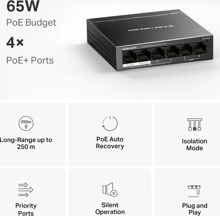 Mercusys Desktop Gigabit Switch, 6x RJ-45, 65W PoE+