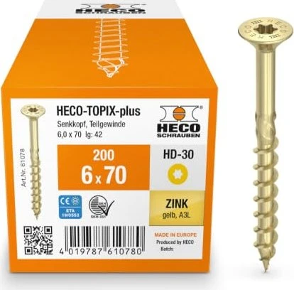 HECO TOPIX-plus verzinkt gelb A3L Torx T30 Holzschraube, 6x570mm, 200 Stück