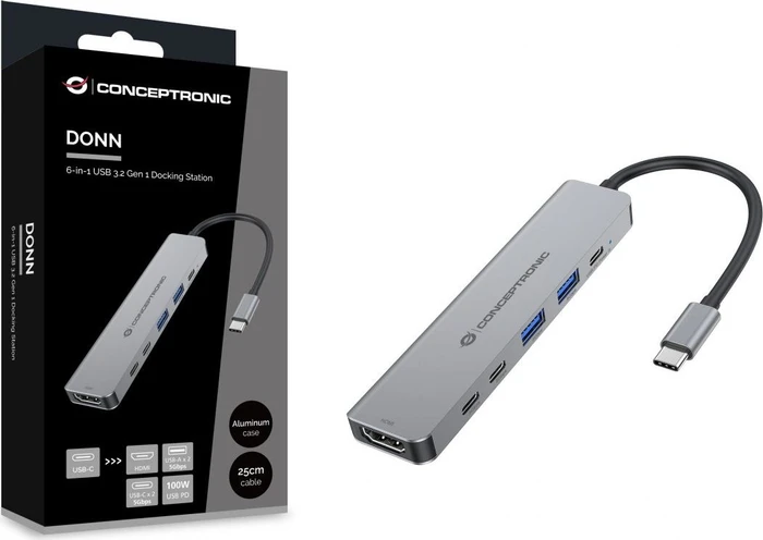Conceptronic DONN33G 6-in-1 Dockingstation, USB-C 3.0 [Stecker]