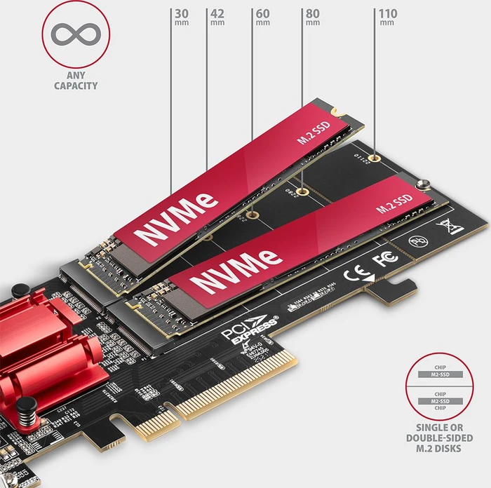 Axagon PCIe -> 2x M.2 PCIe, PCIe 3.0 x8