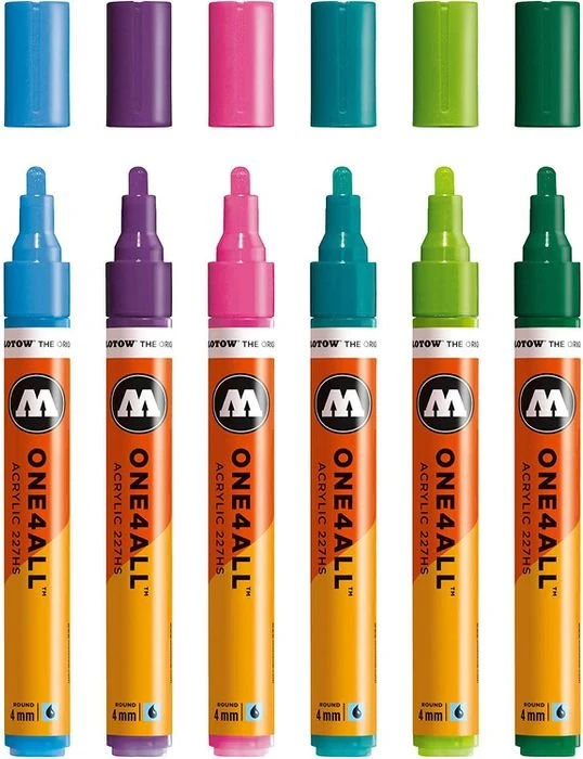 Molotow ONE4ALL 227HS 4mm Acrylmarker Basic-Set 2 sortiert, 6er-Set, Etui