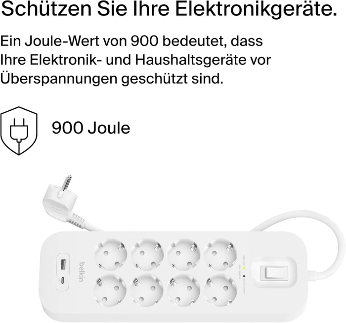 Belkin Connect V2 Überspannungsschutz, 8-fach, mit Schalter, 1x USB-A/1x USB-C, 2m, weiß