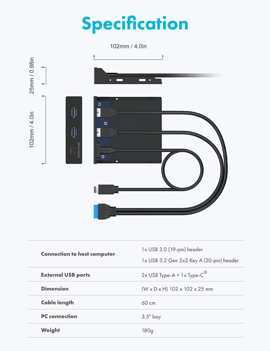 Graugear G-MP01C, Multi Frontblende mit USB Hub, USB 3.0 19-Pin Stecksockel, USB 3.2 20-Pin Key-A Stecksockel [Stecker]