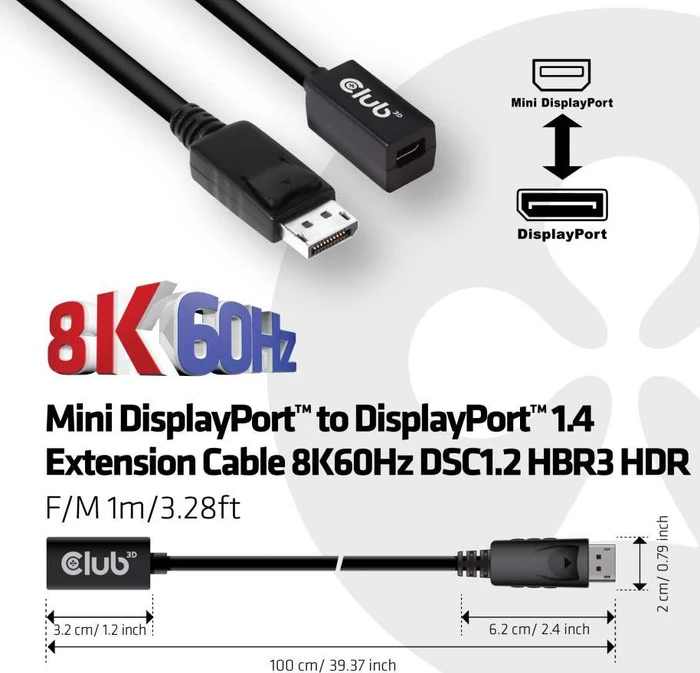 Club 3D DisplayPort/Mini DisplayPort 1.4 Verlängerungskabel 8K60Hz DSC1.2 HBR3 HDR schwarz, 1m