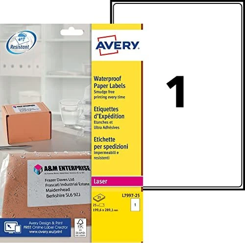 Avery-Zweckform Versandetiketten, 199.6x289.1mm, wetterfest, weiß, 25 Blatt (25 Etiketten)