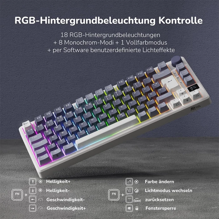 RK Royal Kludge M75 Wireless, weiß/violett, LEDs RGB, hot-swap, RK BROWN, USB/Bluetooth, DE