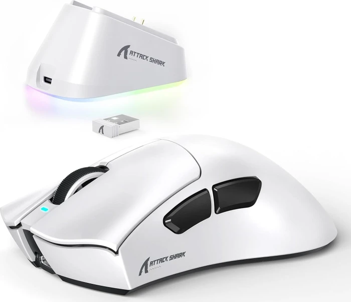 Attack Shark V3 PRO Tri-mode Wireless Gaming Mouse mit Ladestation, weiß, USB/Bluetooth