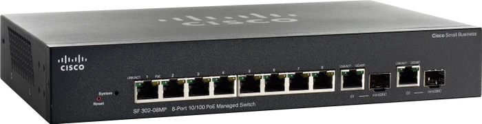Cisco SF300 Desktop Managed Switch, 8x RJ-45, 2x RJ-45/SFP, 124W PoE