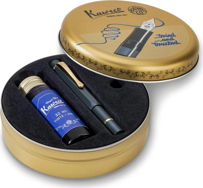 Kaweco Piston Sport AL Starter Set mit Tinte navy/gold, rechte Hand, extra fein