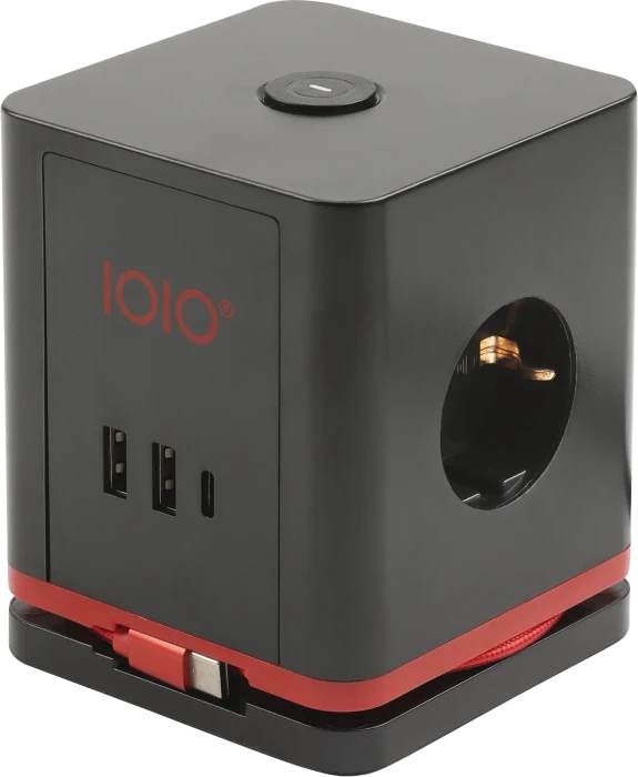 Olympia IOIO SW 1000 Steckdosenwürfel mit integriertem USB-C Ladekabel, 3-fach, 2x USB-C/2x USB-A, 1.5m, schwarz/rot