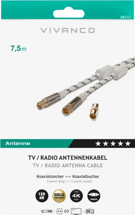 Vivanco Antennen-Kabel mit Nylonummantelung, Koax-Stecker - Koax-Kupplung, 120dB, 7.5m, weiß