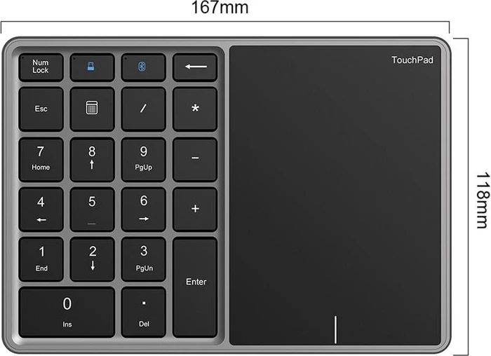 Zunate Wireless Numeric Keypad with Touchpad, grau/schwarz, Bluetooth
