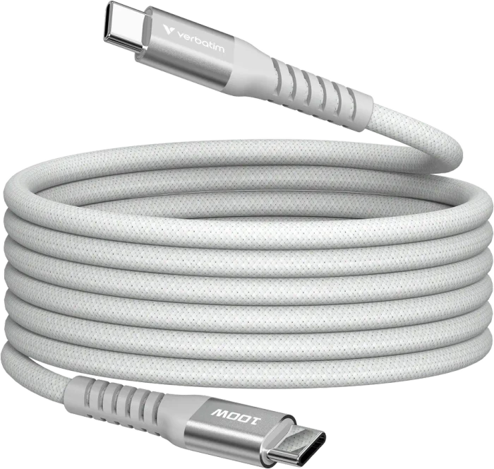 Verbatim Sync & Charge Magnetisches USB-C Kabel, USB 2.0, 480Mb/s, 100W PD 3.0/QC 3.0, USB-C Stecker auf USB-C Stecker, grau, 1.2m