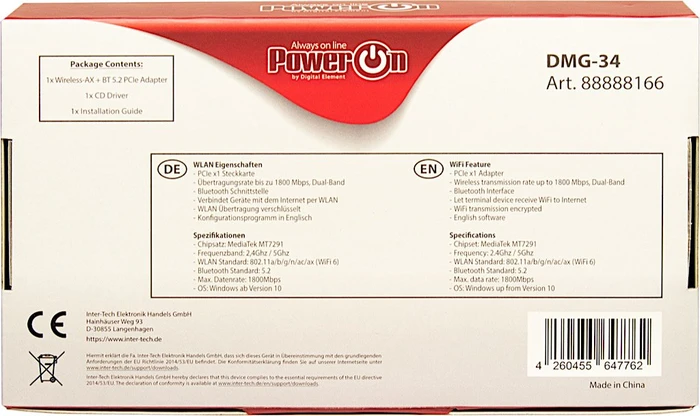 Inter-Tech PowerOn DMG-34, 2.4GHz/5GHz WLAN, Bluetooth 5.2 LE, PCIe 2.0 x1