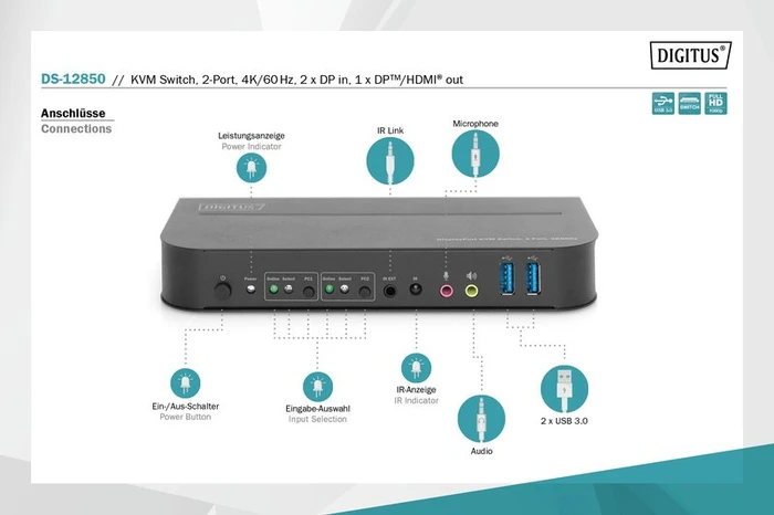 Digitus 4K 60Hz DisplayPort/USB KVM-Switch, 2-port