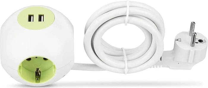 REV Ritter PowerGlobe Steckdosenwürfel, 4-fach, 2x USB, 1.4m, weiß/grün