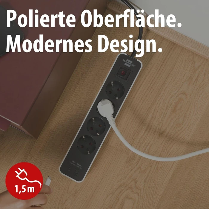 Brennenstuhl Ecolor mit USB-Ladefunktion, 4-fach, 2x USB-C, mit Schalter, 1.5m, weiß/schwarz