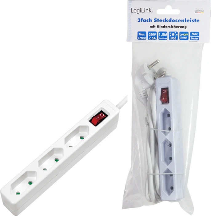 LogiLink Steckdosenleiste mit Schalter, 3-fach, Euro schmal, 1.5m, weiß