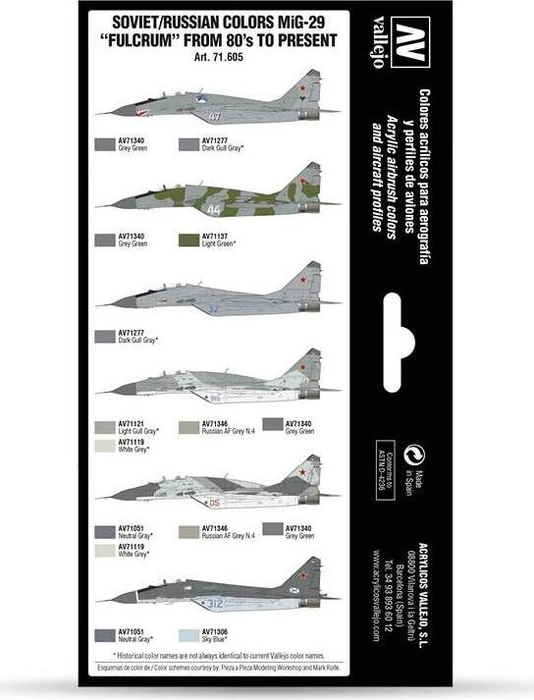 Vallejo Model Air Air War Color Series Soviet/Russian Colors MiG-29 Fulcrum from 80's to Present Farbset, 8-tlg.