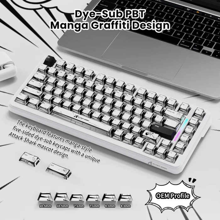 Attack Shark X82PRO HE Magnetic 75% inkl. Spiralkabel, Comic, LEDs RGB, Outemu White Jade Magnetic, USB/Bluetooth, US