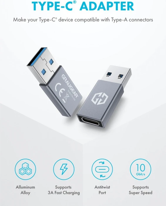 Graugear G-AD-CTA-10G, USB-C Adapter, USB 3.1, 10Gb/s, USB-C 3.1 [Buchse] auf USB-A 3.1 [Stecker], Adapter, schwarz