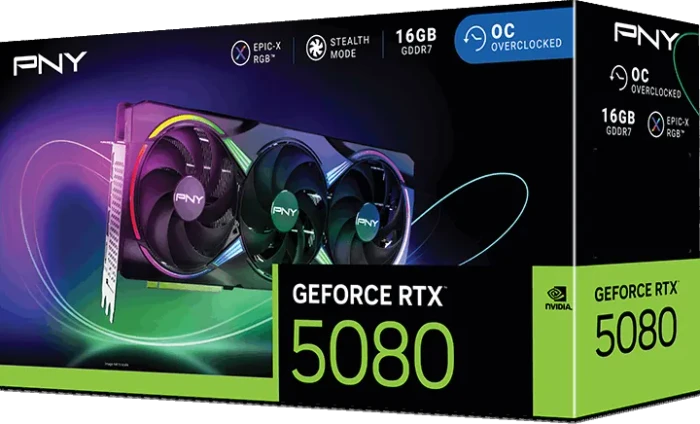 PNY GeForce RTX 5080 ARGB Epic-X RGB Overclocked Triple Fan, 16GB GDDR7, HDMI, 3x DP