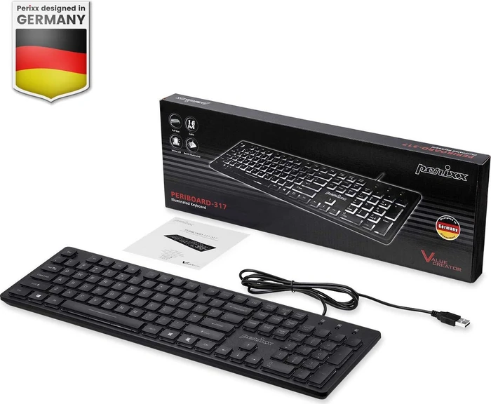 Perixx Periboard-317, schwarz, LEDs weiß, USB, US