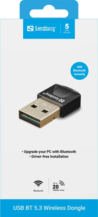 Sandberg USB BT 5.3 Wireless Dongle, Bluetooth 5.3, USB-A 2.0 [Stecker]
