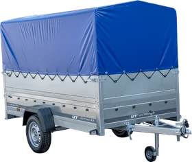 Unitrailer Garden Trailer 264 Kipp mit Stützrad, zusätzlichen Bordwänden, blauer Hochplane und Hochspriegel
