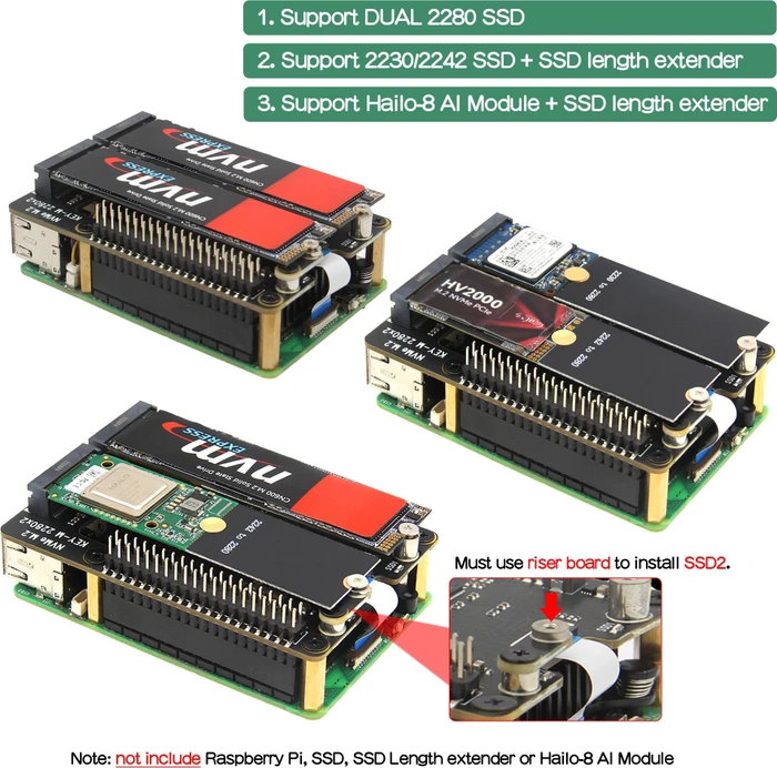 Geekworm X1004 Dual PCIe auf M.2 Key-M NVMe Adapter-Board, M.2 M-Key 2230/2242/2260/2280 NVMe Slot für Raspberry Pi 5