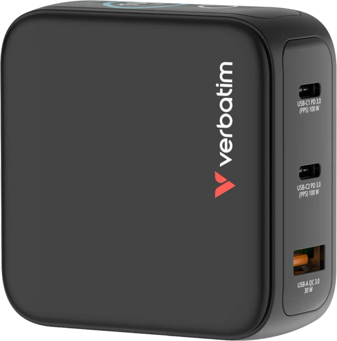 Verbatim Mini-GaN-Ladegerät mit Display 100W 3-Port schwarz