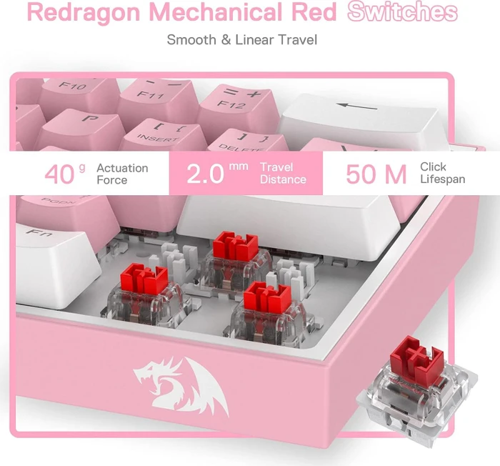 Redragon K617 Fizz, 60%, rosa/weiß, LEDs RGB, hot-swap, Outemu Red, USB, US