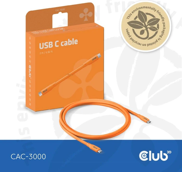 Club 3D USB4 Kabel, 20Gb/s, 240W PD EPR, USB-C Stecker auf USB-C Stecker, 2m, orange