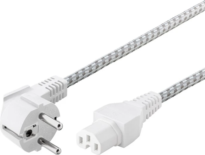 Wentronic Goobay Warmgeräte Netzkabel, Schutzkontakt auf Warmgerätestecker C15, gewinkelt, weiß/silber, 2m