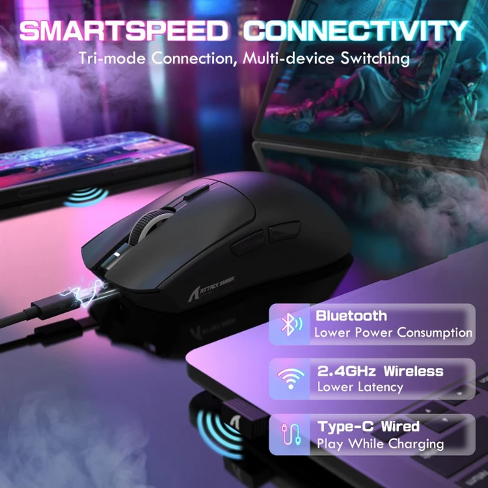Attack Shark X1 Tri-mode Wireless Gaming Mouse mit Ladestation, schwarz, USB/Bluetooth
