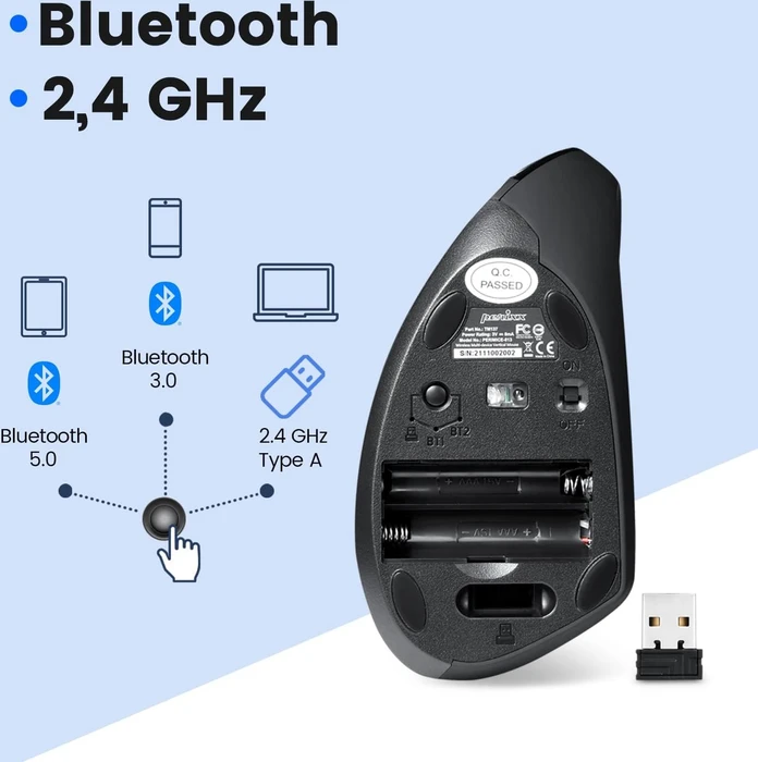 Perixx PERIMICE-813, schwarz, vertikal, Rechtshänder, USB/Bluetooth