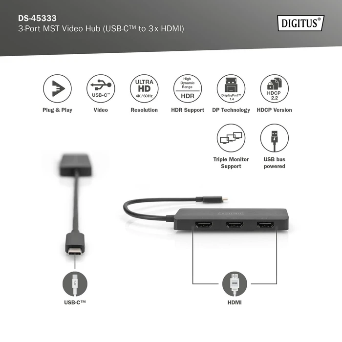 Digitus 3-Port MST Video Hub, USB-C [Stecker]