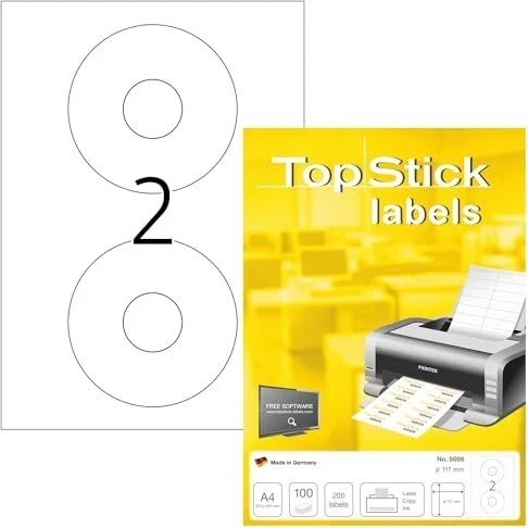 TopStick DVD-Etiketten, 117mm, weiß, matt, 100 Blatt (200 Etiketten)