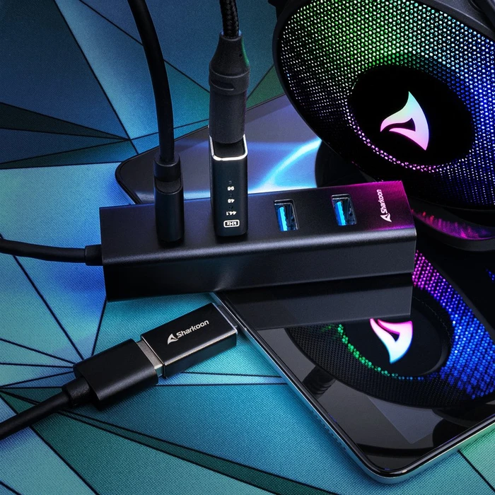 Sharkoon 4-Port Aluminium Hub schwarz, USB-A/USB-C 3.0 [Stecker]