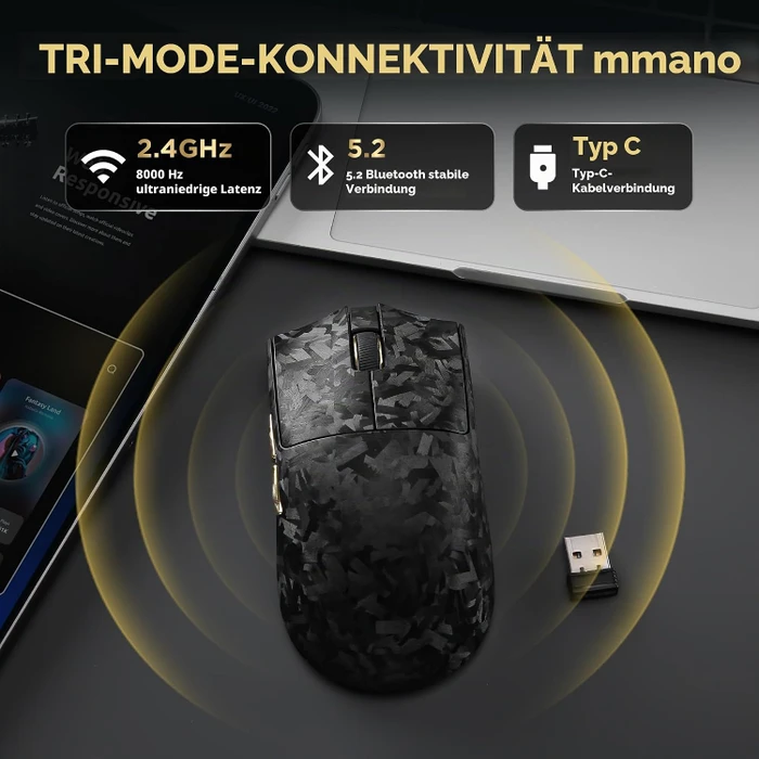 Yunzii M2 Dual 8K Custom Wireless Gaming Maus, schwarz/gold, USB/Bluetooth