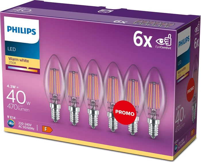 Philips Classic LEDcandle Kerze ND E14 4.3-40W/827 B35 CL, 6 Stück