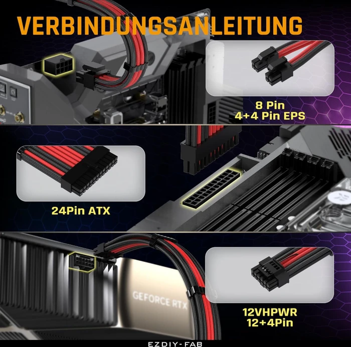 EZDIY-FAB 12VHPWR Cable Kit, 1x 24-Pin, 2x 4/8-Pin ATX, 1x 12VHPWR/4x 8-Pin PCIe, 16AWG, schwarz/rot