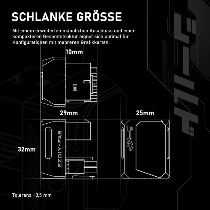 EZDIY-FAB 12V-2x6 Winkeladapter 180°, Variante RVS, Sense-Pins an der Unterseite, schwarz