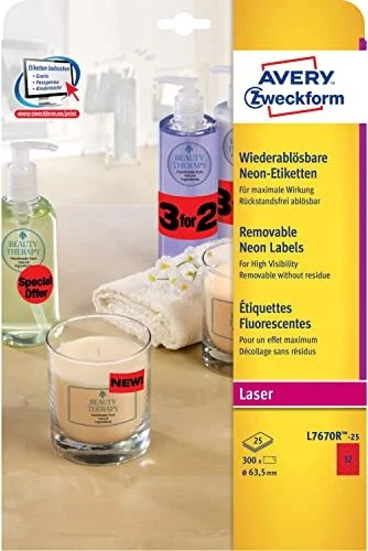 Avery-Zweckform Neonetiketten, 63.5x63.5mm, ablösbar, rot, 25 Blatt (300 Etiketten)