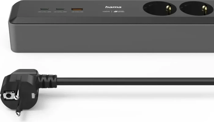 Hama Steckdosenleiste mit Schalter, 3-fach, 1x USB-A/2x USB-C 65W USB-PD, 1.4m, schwarz/grau